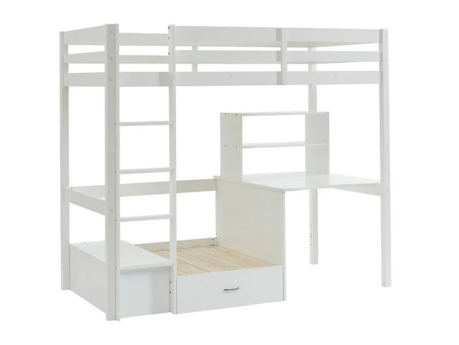 Vente-unique Lit mezzanine 90 x 200 cm avec bureau, sofa convertible et rangements - Pin massif - Blanchi + Matelas - GOLIATH III