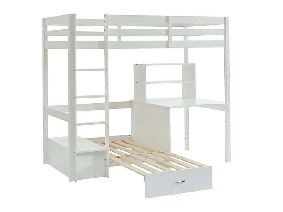 Vente-unique Lit mezzanine 90 x 200 cm avec bureau, sofa convertible et rangements - Pin massif - Blanchi + Matelas - GOLIATH III