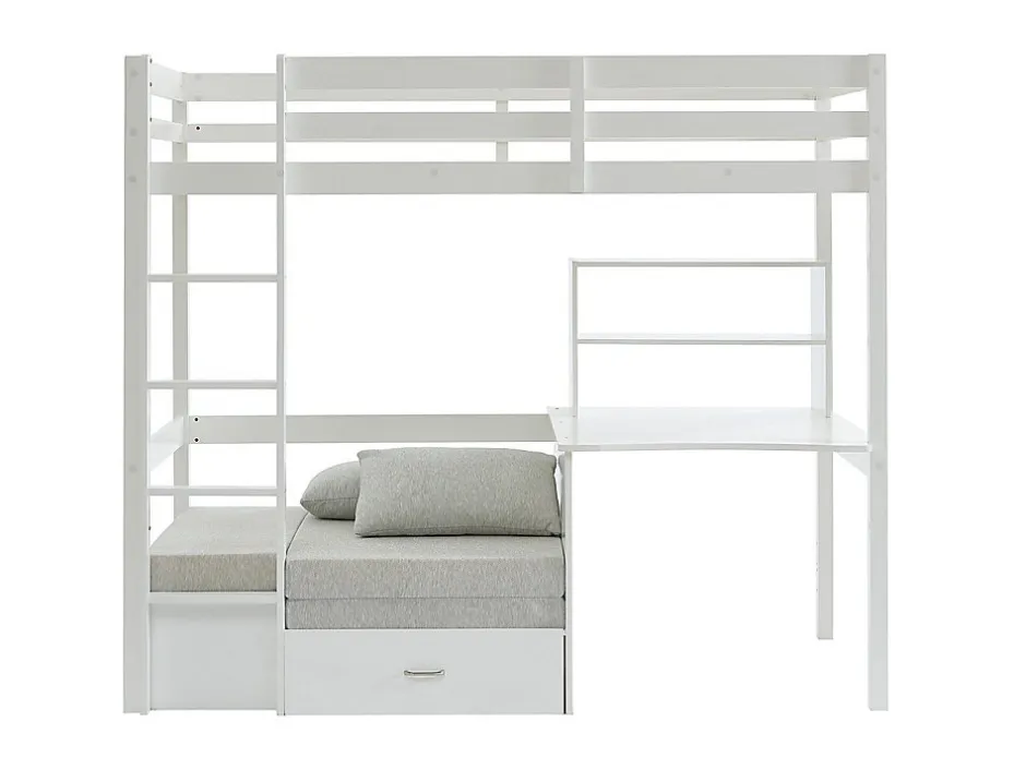 Vente-unique Lit mezzanine 90 x 200 cm avec bureau, sofa convertible et rangements - Pin massif - Blanchi + Matelas - GOLIATH III