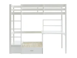 Vente-unique Lit mezzanine 90 x 200 cm avec bureau, sofa convertible et rangements - Pin massif - Blanchi + Matelas - GOLIATH III
