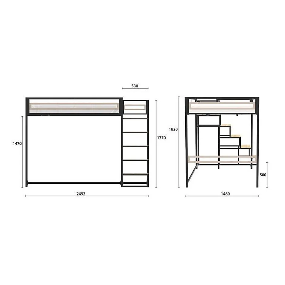 Generic Lit mezzanine - 140x190 cm - Métal - Noir - Sommier inclus - LEON