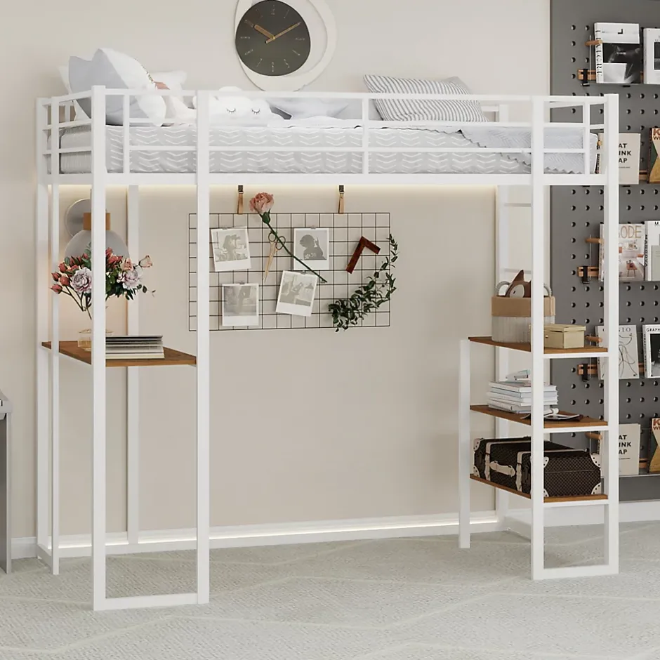 Okwish Lit Mezzanine Ado 90x190 cm - avec Bureau et Échelle Montable Gauche Droite, Garde-Corps, Structure en Métal, sans Matelas, Blanc Sale