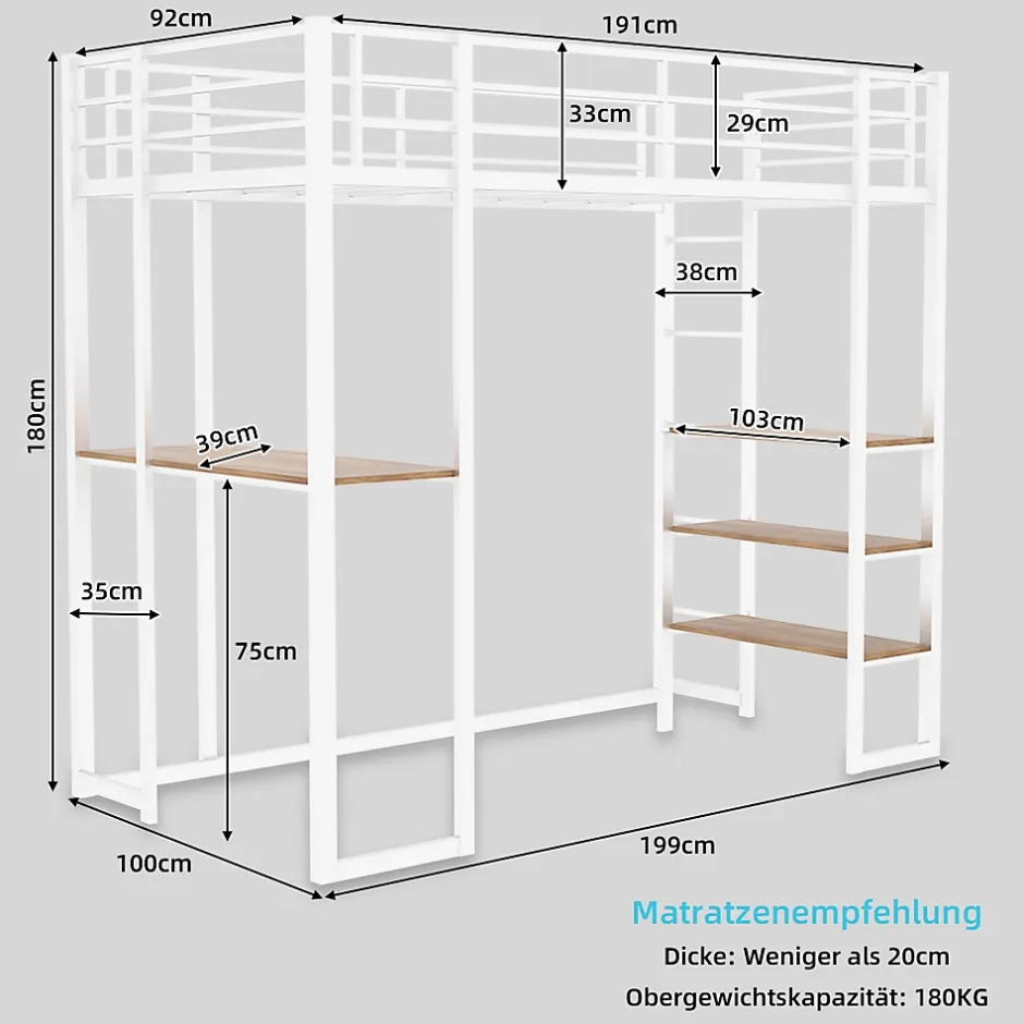 Okwish Lit Mezzanine Ado 90x190 cm - avec Bureau et Échelle Montable Gauche Droite, Garde-Corps, Structure en Métal, sans Matelas, Blanc Sale