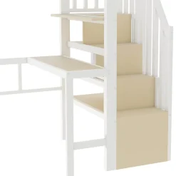 Okwish Lit Mezzanine Ado 90x200 cm - avec LED Intégrée, Bureau et Compartiment de Rangement - Escalier de Rangement - Métal + MDF - Blanc Hot