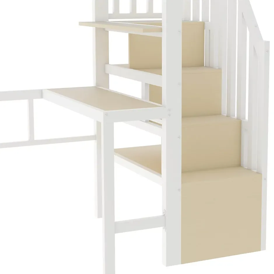 Okwish Lit Mezzanine Ado 90x200 cm - avec LED Intégrée, Bureau et Compartiment de Rangement - Escalier de Rangement - Métal + MDF - Blanc Hot