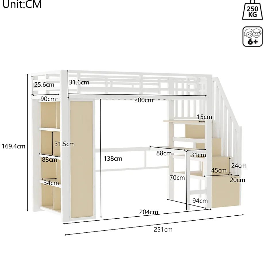 Okwish Lit Mezzanine Ado 90x200 cm - avec LED Intégrée, Bureau et Compartiment de Rangement - Escalier de Rangement - Métal + MDF - Blanc Hot