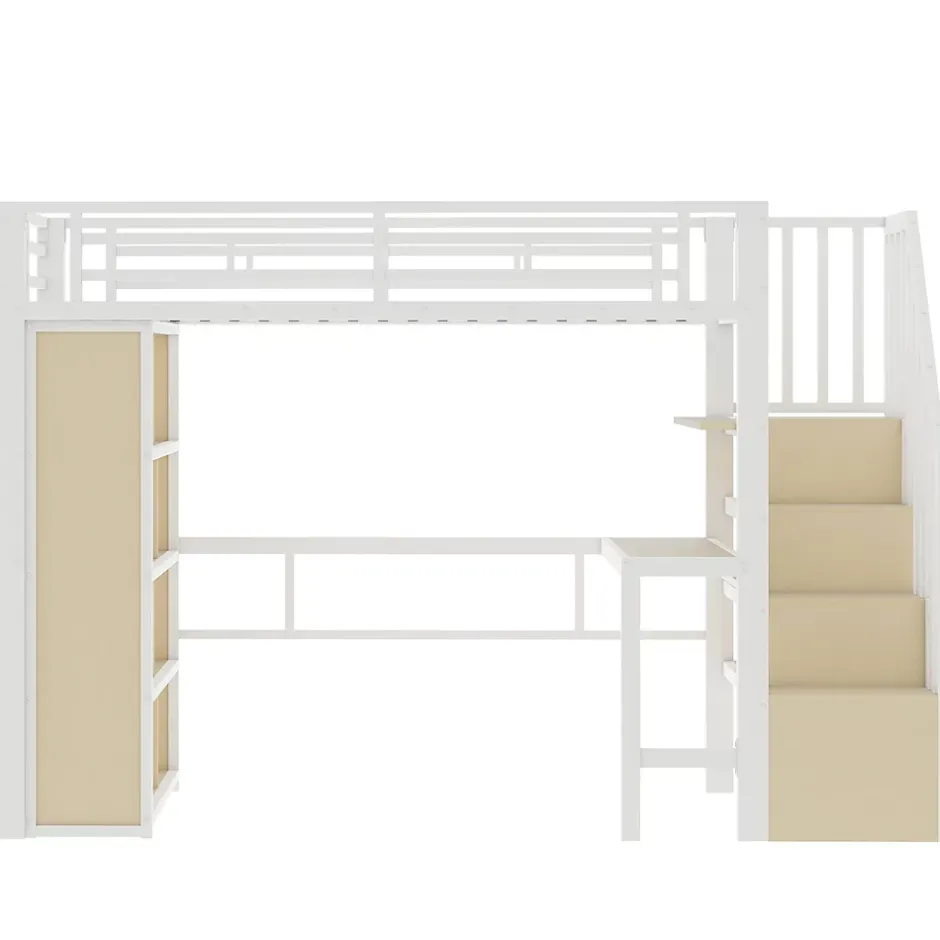 Okwish Lit Mezzanine Ado 90x200 cm - avec LED Intégrée, Bureau et Compartiment de Rangement - Escalier de Rangement - Métal + MDF - Blanc Hot