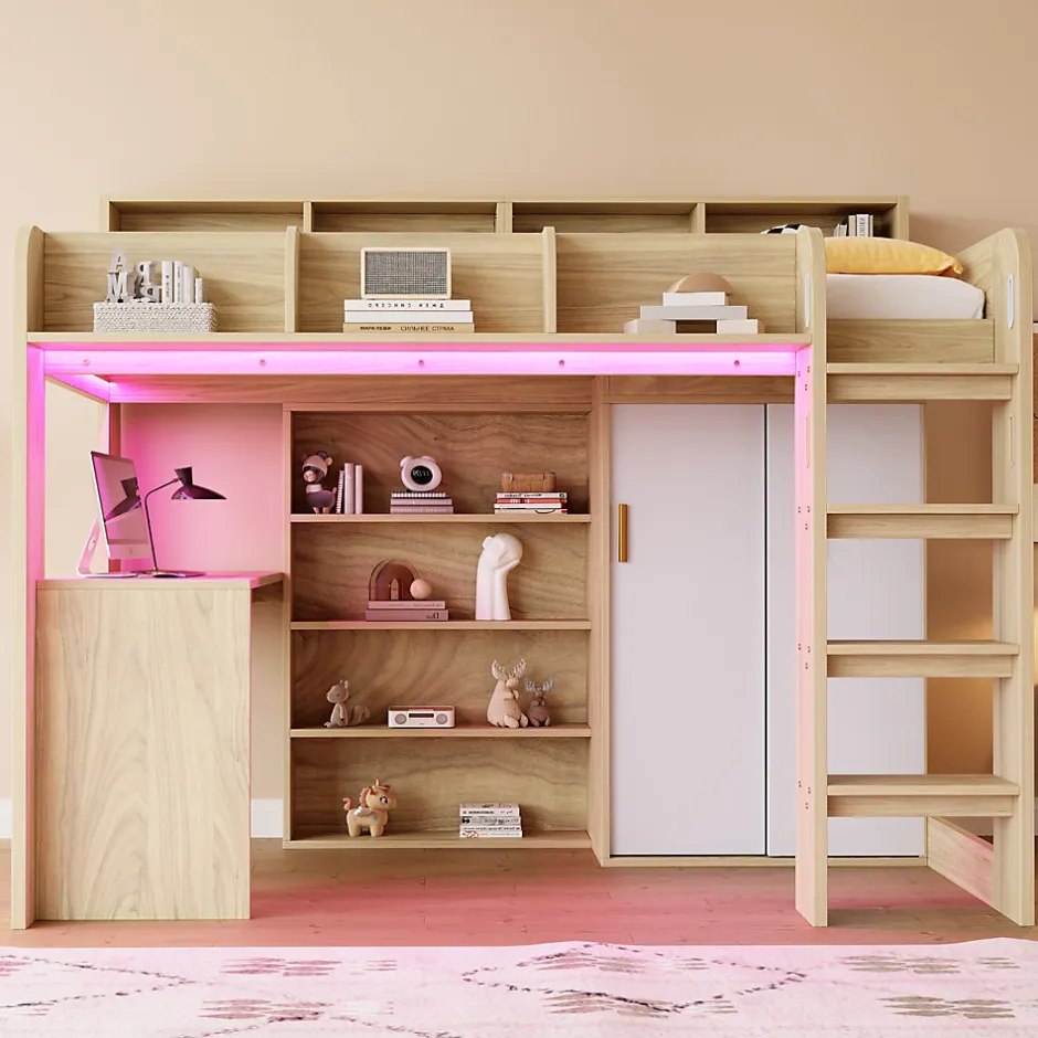Okwish Lit Mezzanine Ado 90x200 cm - Bureau et Armoire Intégrés, LED et Prise Électrique - Sommier Inclus - Sans Matelas - Bois Naturel