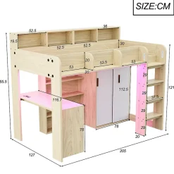 Okwish Lit Mezzanine Ado 90x200 cm - Bureau et Armoire Intégrés, LED et Prise Électrique - Sommier Inclus - Sans Matelas - Bois Naturel