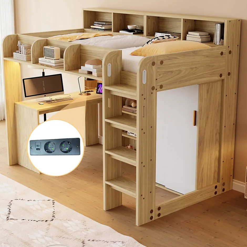 Okwish Lit Mezzanine Ado 90x200 cm - Bureau et Armoire Intégrés, LED et Prise Électrique - Sommier Inclus - Sans Matelas - Bois Naturel