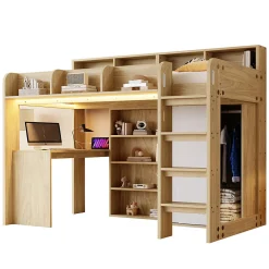 Okwish Lit Mezzanine Ado 90x200 cm - Bureau et Armoire Intégrés, LED et Prise Électrique - Sommier Inclus - Sans Matelas - Bois Naturel