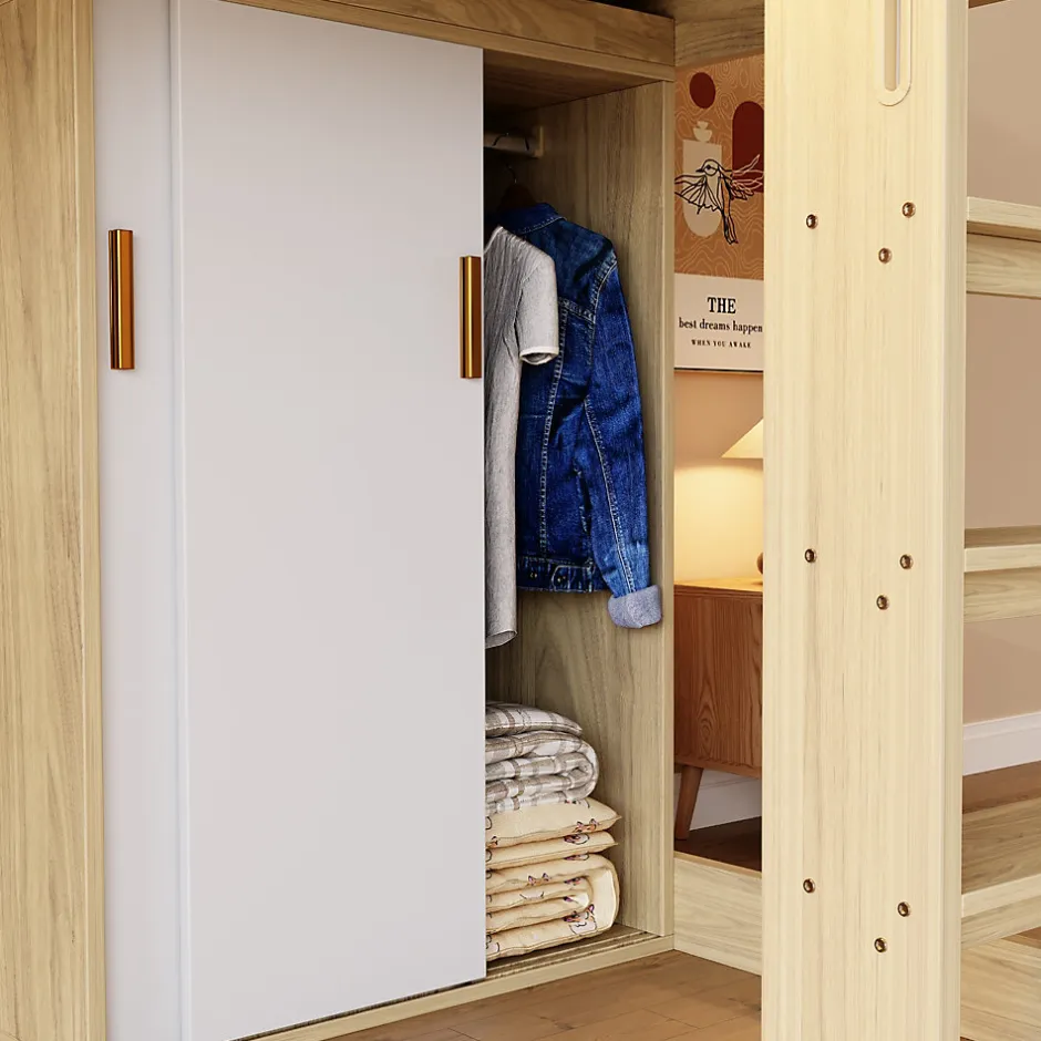 Okwish Lit Mezzanine Ado 90x200 cm - Bureau et Armoire Intégrés, LED et Prise Électrique - Sommier Inclus - Sans Matelas - Bois Naturel