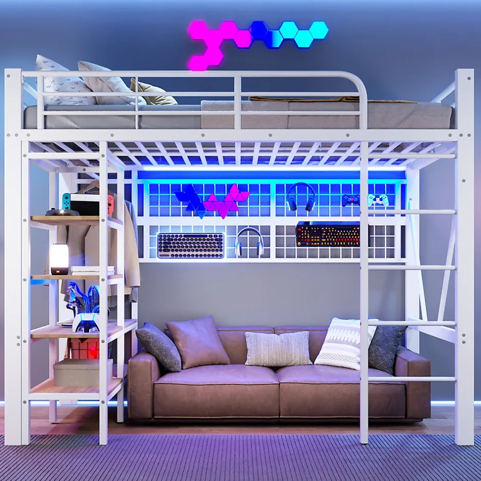 Okwish Lit Mezzanine Ado 90x200 cm - LED Intégrée, Étagères et Rangements avec Portant Vêtements, Structure Métal/MDF, Blanc