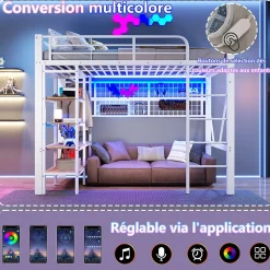 Okwish Lit Mezzanine Ado 90x200 cm - LED Intégrée, Étagères et Rangements avec Portant Vêtements, Structure Métal/MDF, Blanc