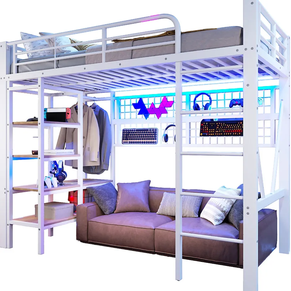 Okwish Lit Mezzanine Ado 90x200 cm - LED Intégrée, Étagères et Rangements avec Portant Vêtements, Structure Métal/MDF, Blanc