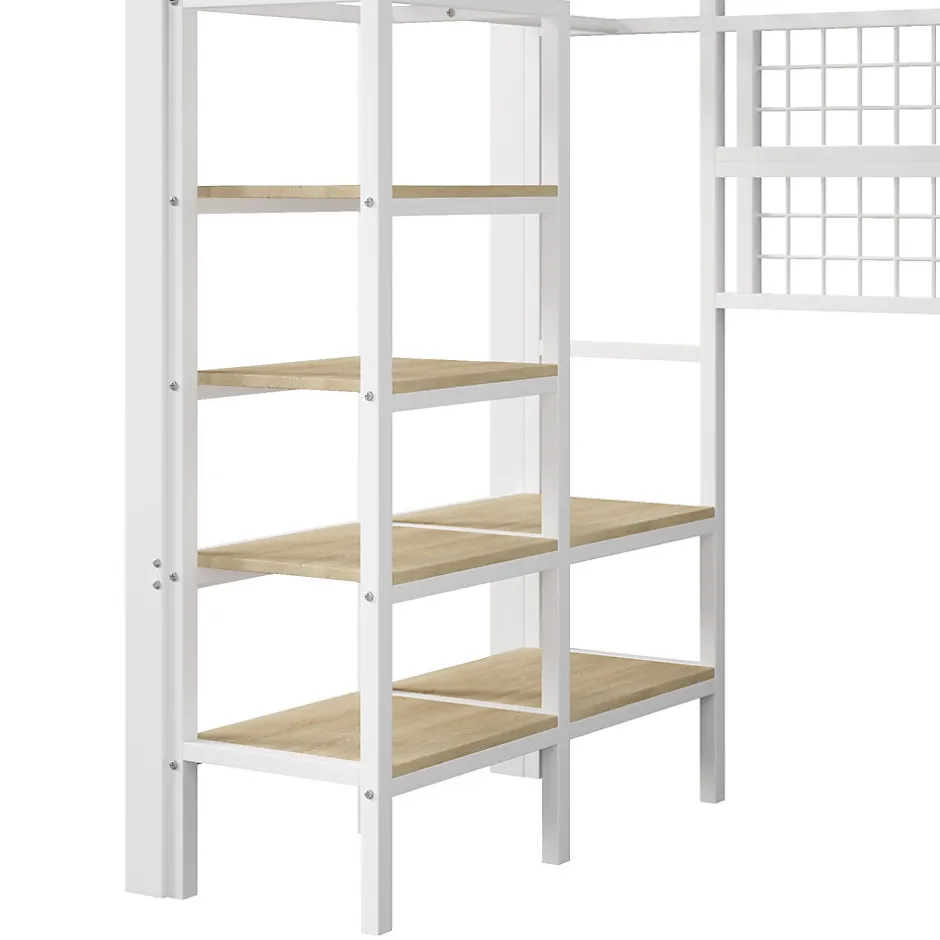 Okwish Lit Mezzanine Ado 90x200 cm - LED Intégrée, Étagères et Rangements avec Portant Vêtements, Structure Métal/MDF, Blanc