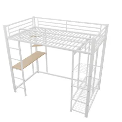 Okwish Lit mezzanine ado 90x200 cm avec bureau intégré, échelle et rangement pratique - structure métal et MDF robuste blanc Hot