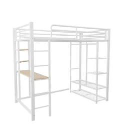 Okwish Lit mezzanine ado 90x200 cm avec bureau intégré, échelle et rangement pratique - structure métal et MDF robuste blanc Hot