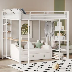 Okwish Lit mezzanine ado 90x200 cm avec bureau intégré, échelle et rangement pratique - structure métal et MDF robuste blanc Hot
