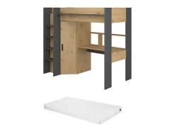 Vente-unique Lit mezzanine avec bureau et armoire - 90 x 200 cm - Coloris : Chêne et anthracite + matelas - AUCKLAND