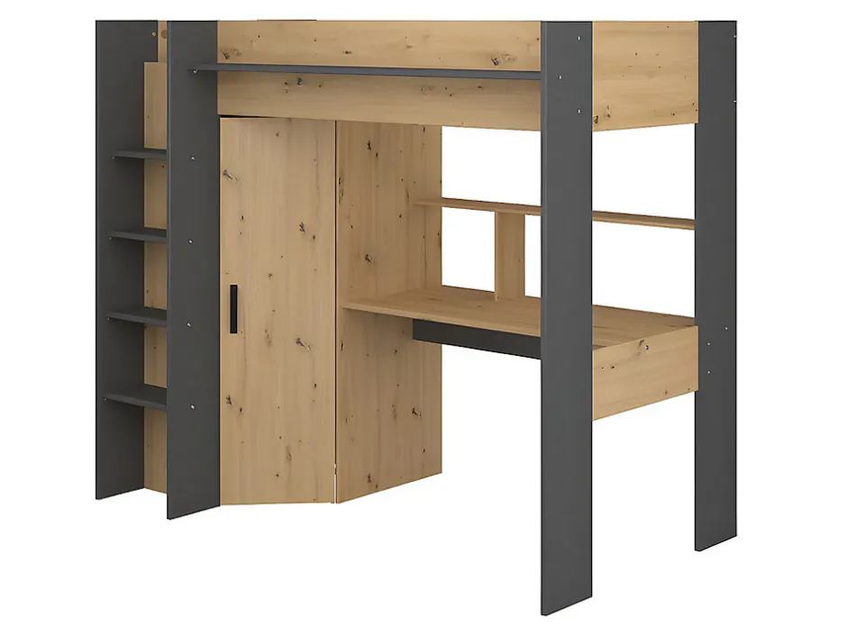 Vente-unique Lit mezzanine avec bureau et armoire - 90 x 200 cm - Coloris : Chêne et anthracite + matelas - AUCKLAND