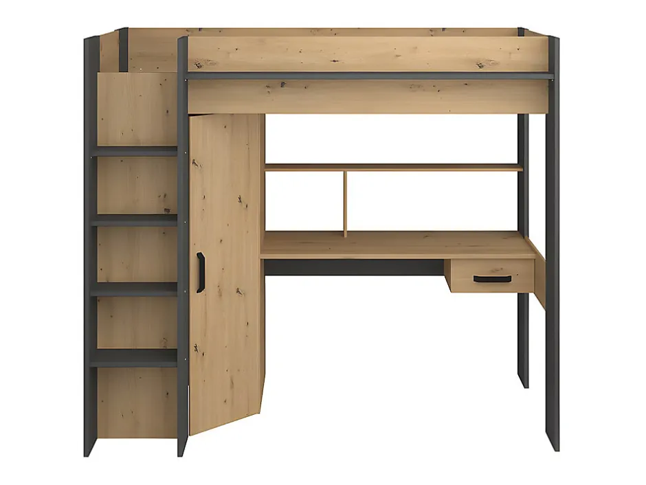Vente-unique Lit mezzanine avec bureau et armoire - 90 x 200 cm - Coloris : Chêne et anthracite + matelas - AUCKLAND