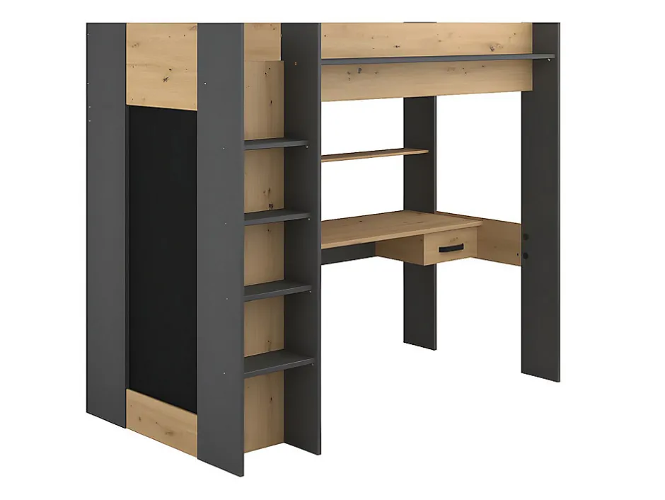 Vente-unique Lit mezzanine avec bureau et armoire - 90 x 200 cm - Coloris : Chêne et anthracite + matelas - AUCKLAND