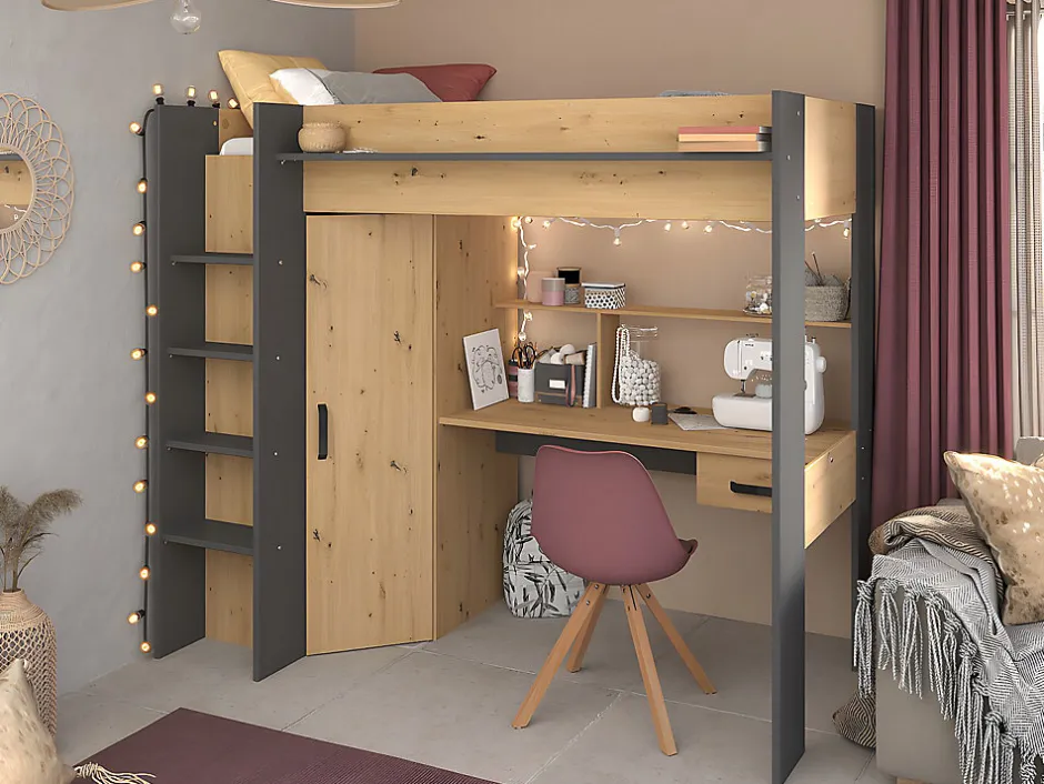 Vente-unique Lit mezzanine avec bureau et armoire - 90 x 200 cm - Coloris : Naturel et anthracite - AUCKLAND Discount