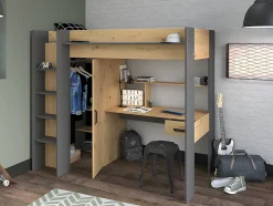 Vente-unique Lit mezzanine avec bureau et armoire - 90 x 200 cm - Coloris : Naturel et anthracite - AUCKLAND Discount