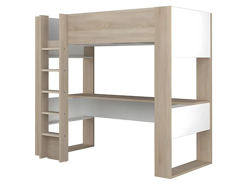 Vente-unique Lit mezzanine avec bureau et rangements intégrés - 90 x 200 cm - Chêne et blanc + matelas - NOAH II Best