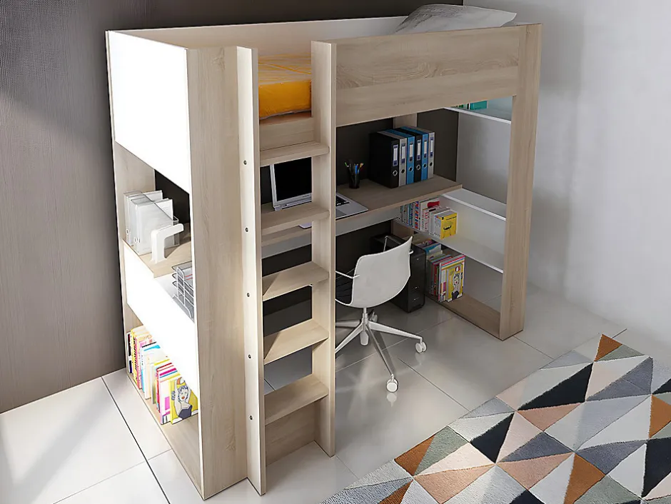 Vente-unique Lit mezzanine avec bureau et rangements intégrés - 90 x 200 cm - Chêne et blanc + matelas - NOAH II Best