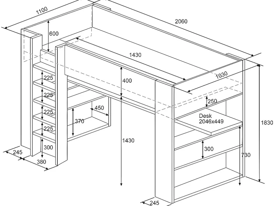 Vente-unique Lit mezzanine avec bureau et rangements intégrés - 90 x 200 cm - Chêne et blanc + matelas - NOAH II Best