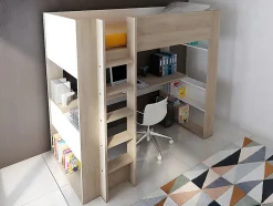 Vente-unique Lit mezzanine avec bureau et rangements intégrés - 90 x 200 cm - Chêne et blanc - NOAH II