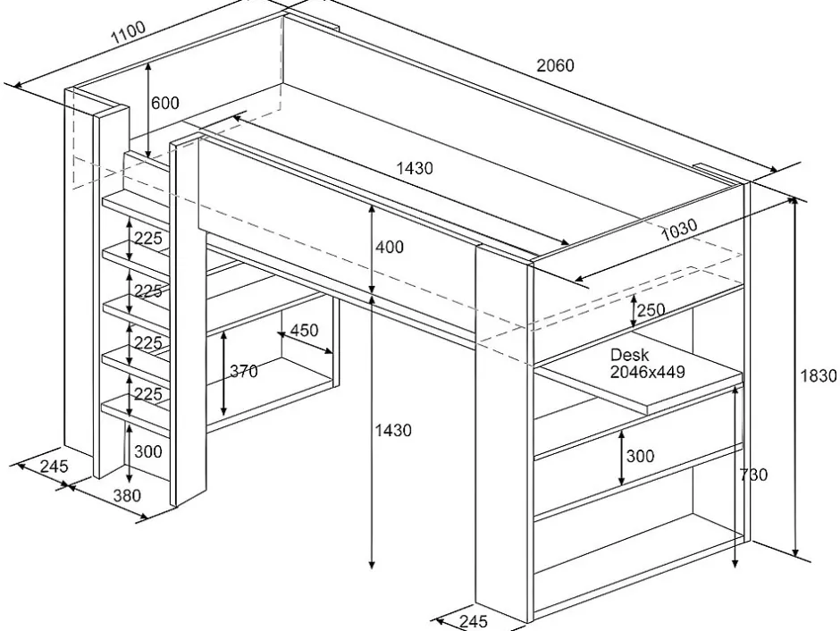 Vente-unique Lit mezzanine avec bureau et rangements intégrés - 90 x 200 cm - Chêne et blanc - NOAH II