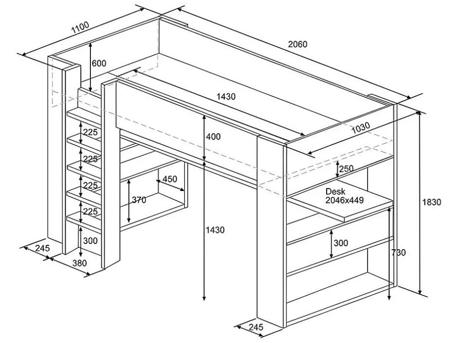 Vente-unique Lit mezzanine avec bureau et rangements intégrés - 90 x 200 cm - Chêne et blanc - NOAH II
