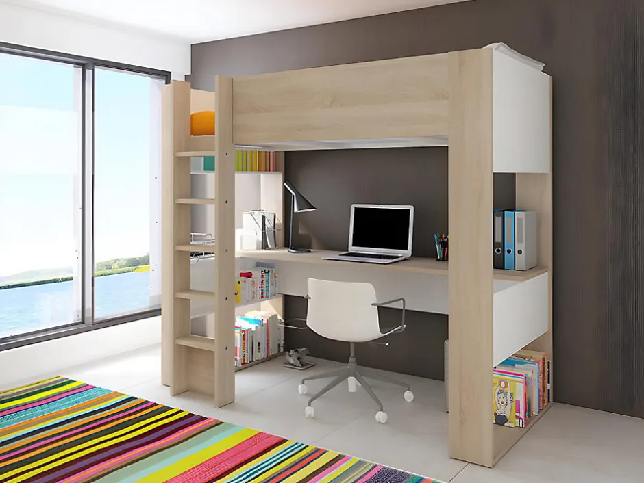 Vente-unique Lit mezzanine avec bureau et rangements intégrés - 90 x 200 cm - Chêne et blanc - NOAH II