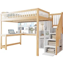 Blackcolors Lit mezzanine avec éclairage LED,140x200cm,blanc et naturel, échelle, étagères, bureau Outlet