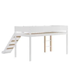 Simple Life Lit mezzanine avec toboggan, échelle droite à 3 marches, étagère amovible, MDF et pin, blanc naturel, 90x200cm Discount