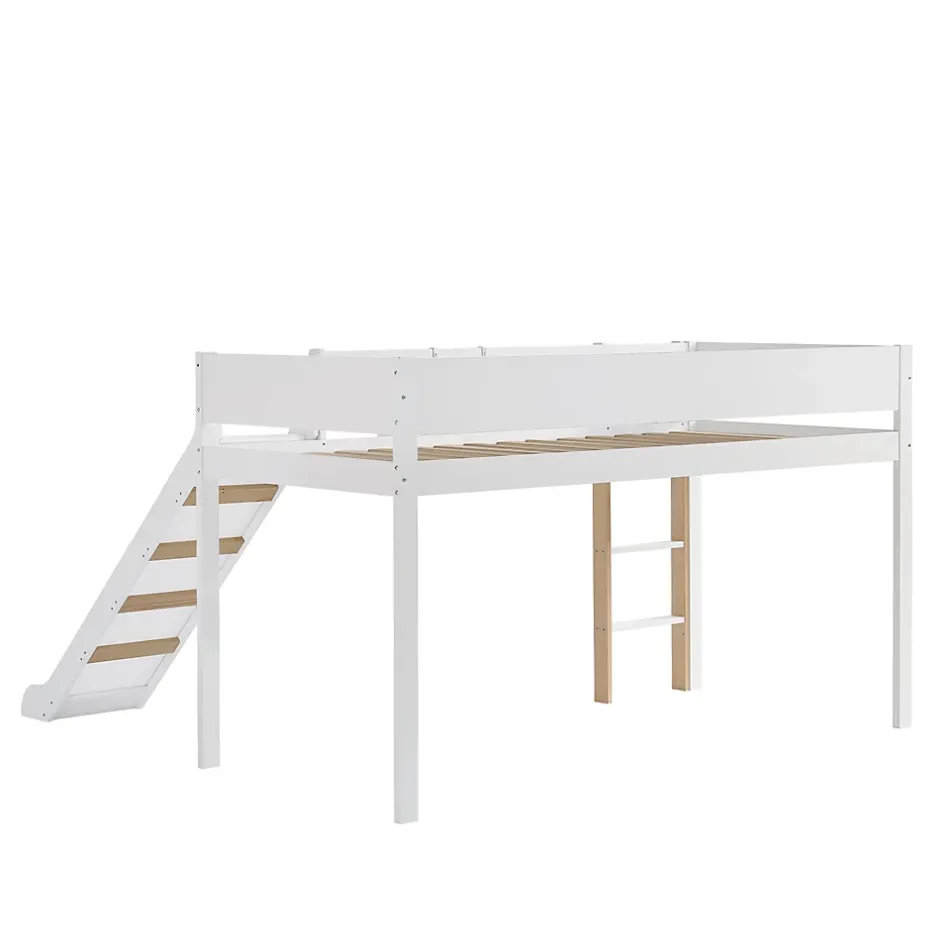 Simple Life Lit mezzanine avec toboggan, échelle droite à 3 marches, étagère amovible, MDF et pin, blanc naturel, 90x200cm Discount