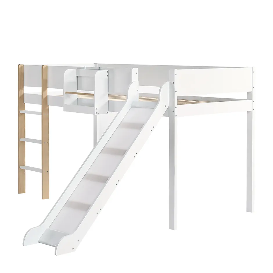 Simple Life Lit mezzanine avec toboggan, échelle droite à 3 marches, étagère amovible, MDF et pin, blanc naturel, 90x200cm Discount