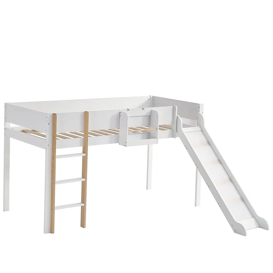 Simple Life Lit mezzanine avec toboggan, échelle droite à 3 marches, étagère amovible, MDF et pin, blanc naturel, 90x200cm Discount