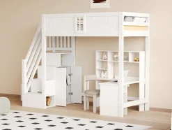 Redom Lit mezzanine bois massif 90 par 200 cm porte securite fenetre escalier interchangeable gauche droite blanc Discount