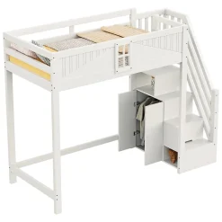Redom Lit mezzanine bois massif 90 par 200 cm porte securite fenetre escalier interchangeable gauche droite blanc Discount
