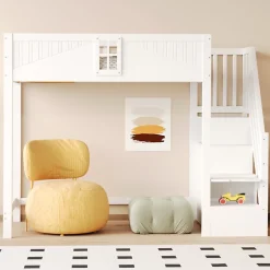 Redom Lit mezzanine bois massif 90 par 200 cm porte securite fenetre escalier interchangeable gauche droite blanc Discount
