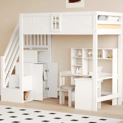 Redom Lit mezzanine bois massif 90 par 200 cm porte securite fenetre escalier interchangeable gauche droite blanc Discount