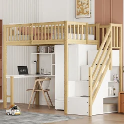 Okwish Lit Mezzanine Bois 90x200 cm avec Armoire, Bureau et Escalier de Rangement, Lit Multifonction Blanc - Bois Naturel