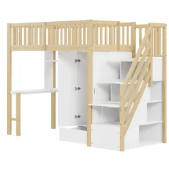 Okwish Lit Mezzanine Bois 90x200 cm avec Armoire, Bureau et Escalier de Rangement, Lit Multifonction Blanc - Bois Naturel