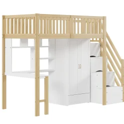 Okwish Lit Mezzanine Bois 90x200 cm avec Armoire, Bureau et Escalier de Rangement, Lit Multifonction Blanc - Bois Naturel