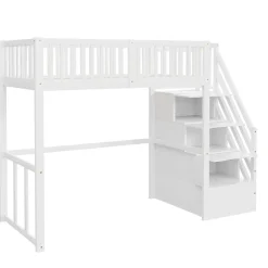 Okwish Lit Mezzanine Bois 90x200 cm enfant avec Escalier Sécurisé et Rangement Intégré - Blanc Outlet