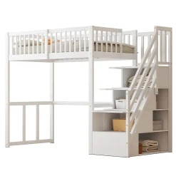 Okwish Lit Mezzanine Bois 90x200 cm enfant avec Escalier Sécurisé et Rangement Intégré - Blanc Outlet